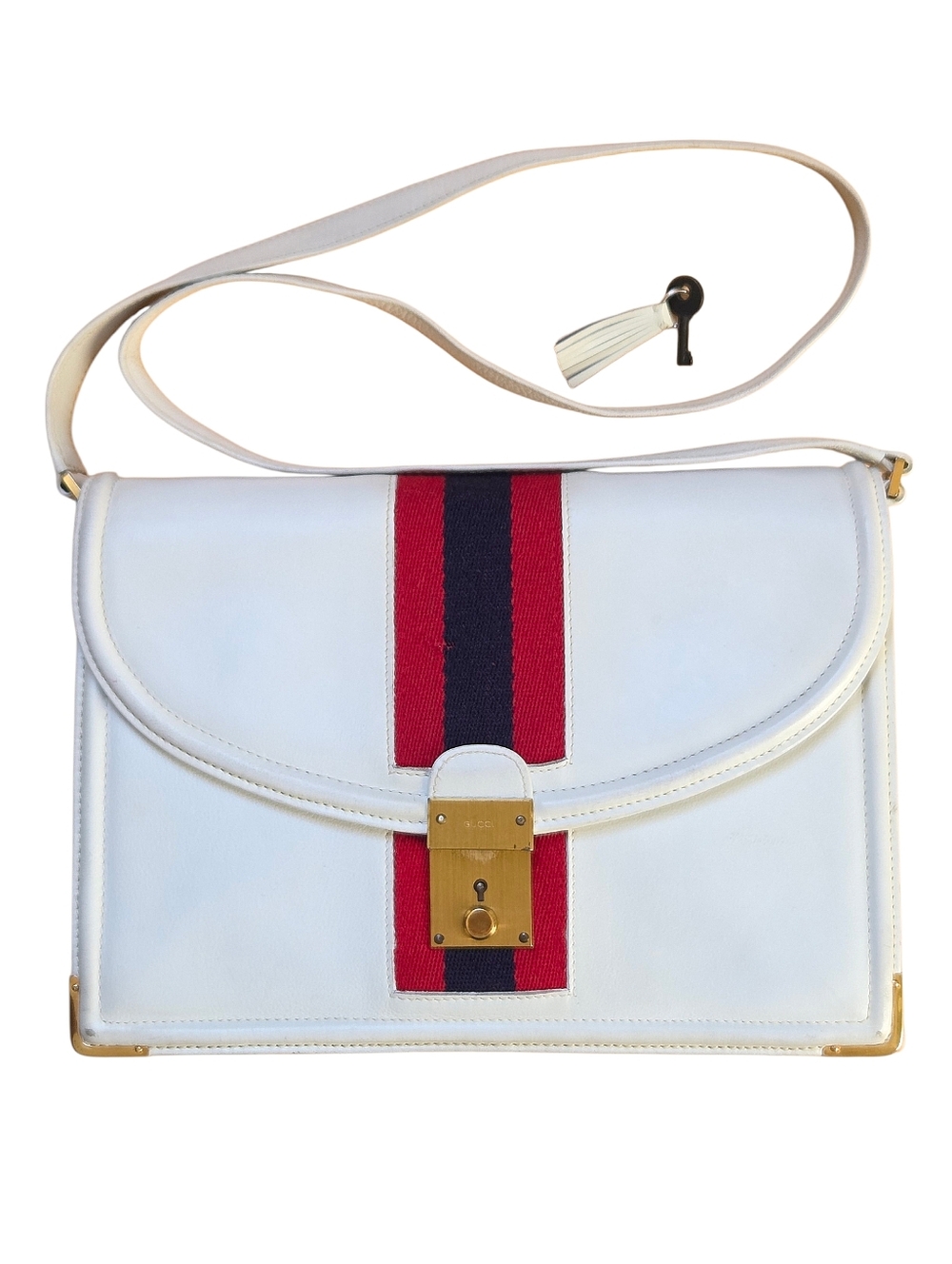 GUCCI Vintage White Leather Web Stripe Shoulder Bag / Crossbody